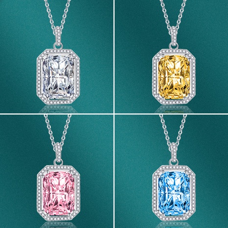 Square Pendant Diamond Colored Gems Female Copper Clavicle Chain Pink Jewelry's discount tags