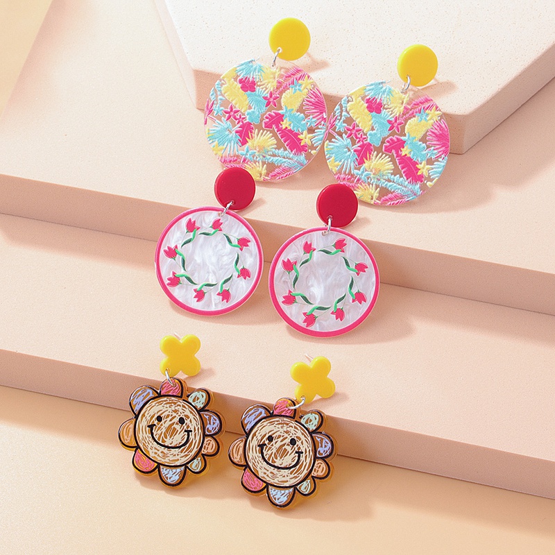 Fashion New Cute Printed Sun Smiley Face Contrast Color Flower Acrylic Earrings