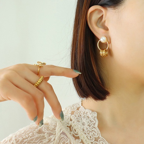Retro Modische Design Doppel Ring Anhänger Perle Ohrringe Titan Stahl Vergoldet 18K Reales Gold's discount tags