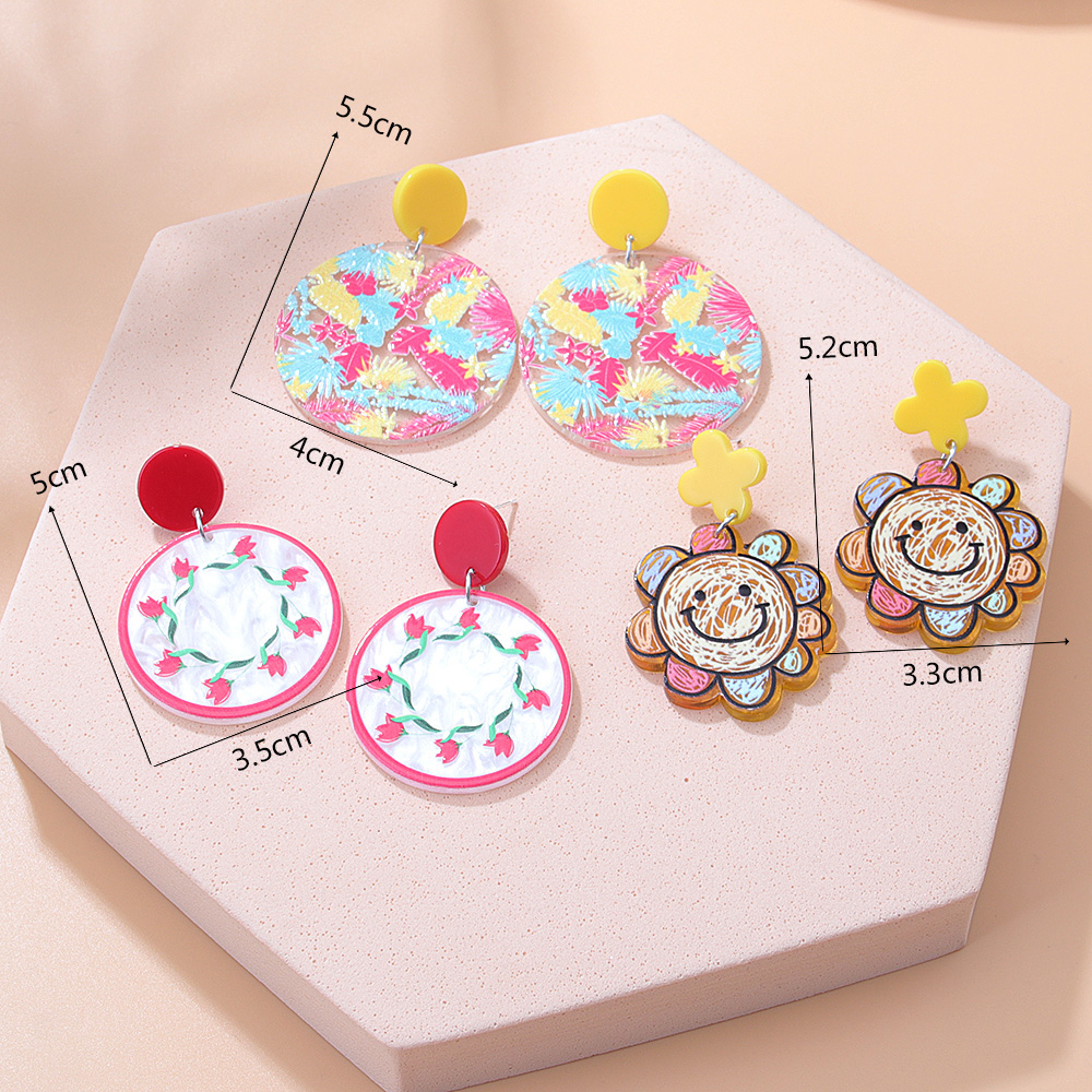 Fashion New Cute Printed Sun Smiley Face Contrast Color Flower Acrylic Earringspicture9