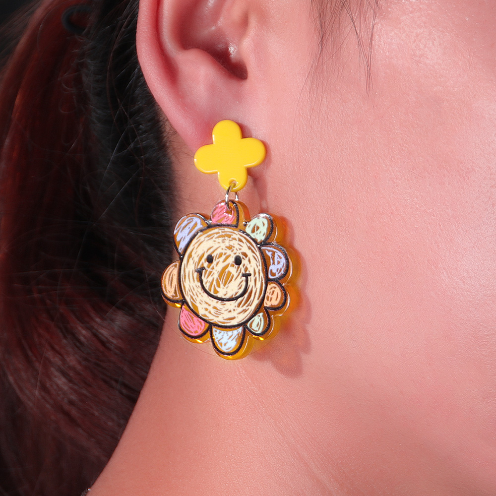 Fashion New Cute Printed Sun Smiley Face Contrast Color Flower Acrylic Earringspicture6