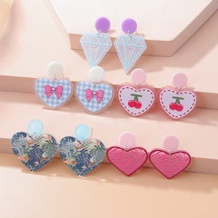 New Printing Color Contrast Cherry Bow Cute Sweet Heart-shaped Acrylic Earrings