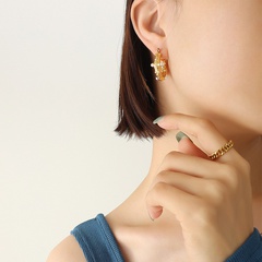 Fashion Hand-Hammered Concave-Convex U-Shaped Imitation Pearl Zircon Inlaid Earrings Titanium Steel Geometric