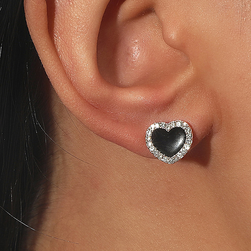 Mode Schwarz Ornament Strass Heart Shaped Alloy Stud Ohrringepicture1
