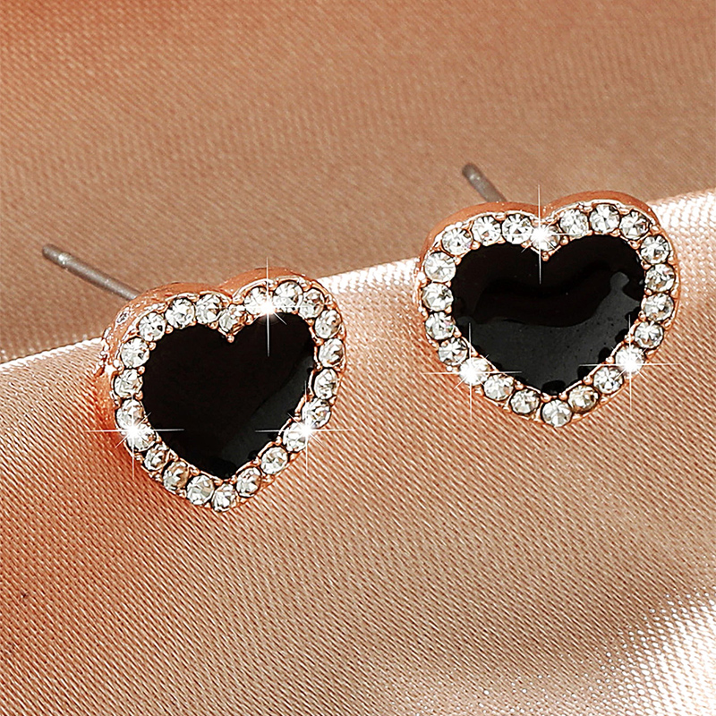 Mode Schwarz Ornament Strass Heart Shaped Alloy Stud Ohrringepicture3