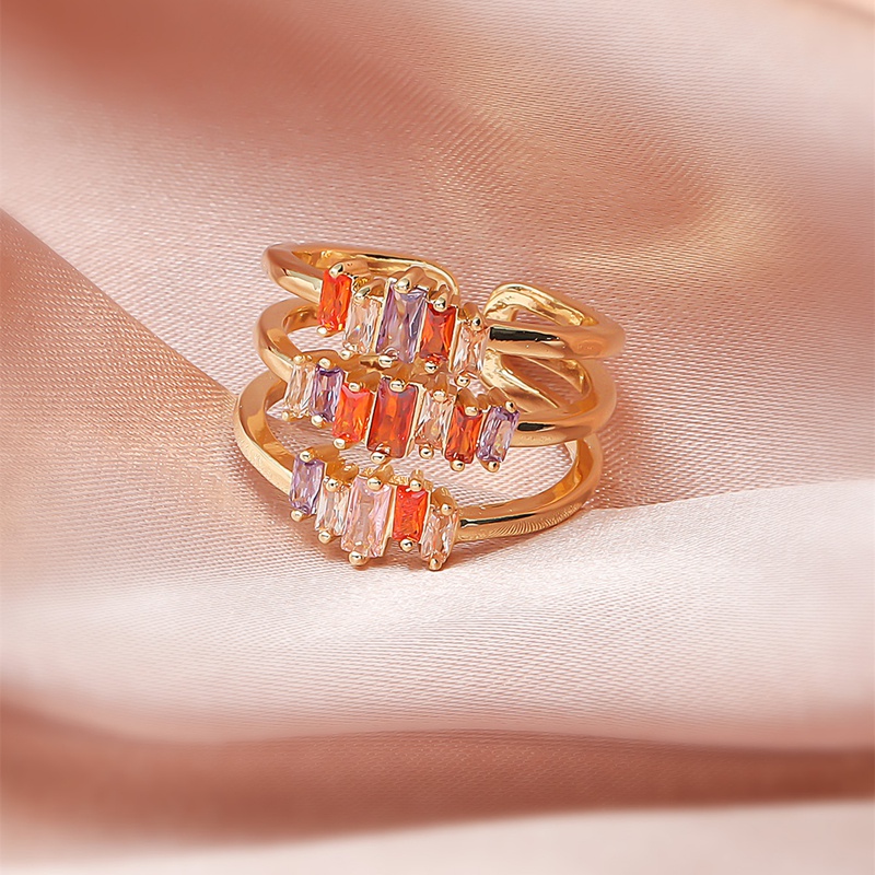 Mode Unregelmigen Platz Doppel Reihe Farbe Zirkon Reales Gold Kupfer Ring
