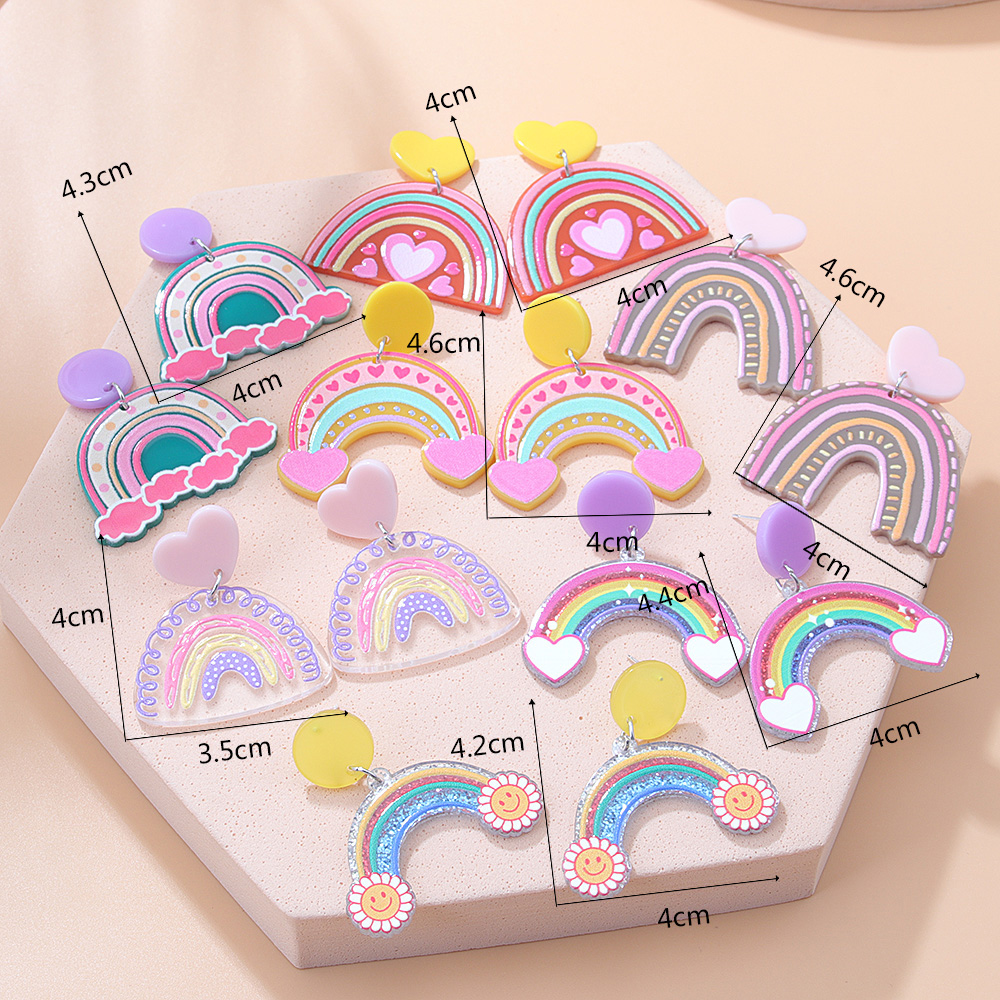 Fashion New Acrylic Cartoon Graffiti Heart Shaped Clouds Arch Rainbow ColorBlocking Earringspicture1