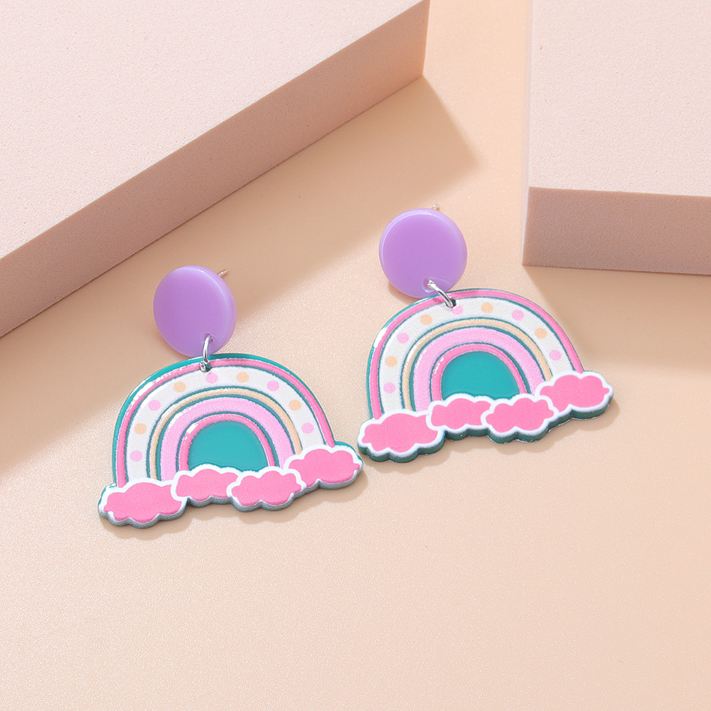 Fashion New Acrylic Cartoon Graffiti Heart Shaped Clouds Arch Rainbow ColorBlocking Earringspicture11