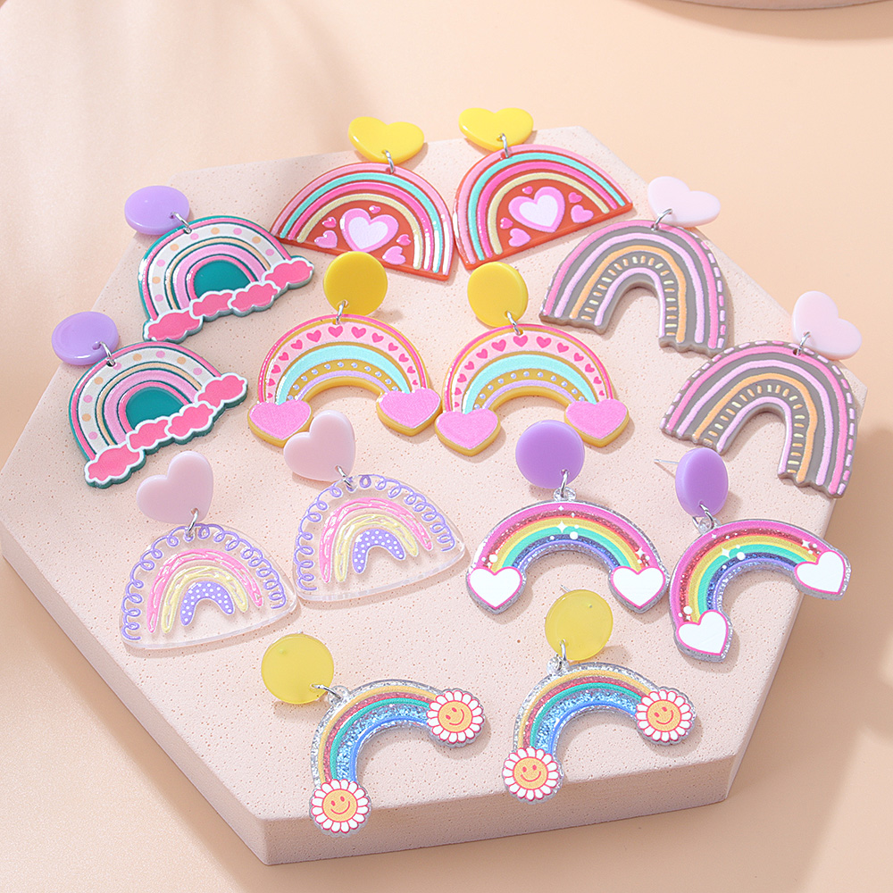 Fashion New Acrylic Cartoon Graffiti Heart Shaped Clouds Arch Rainbow ColorBlocking Earringspicture10