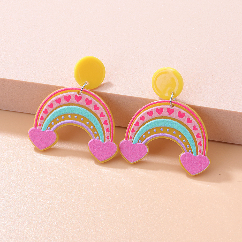 Fashion New Acrylic Cartoon Graffiti Heart Shaped Clouds Arch Rainbow ColorBlocking Earringspicture5