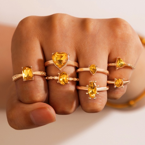 Ornament Diamond Alloy Seven-Piece Yellow Imitation Geometric Irregular Ring Set's discount tags