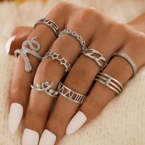 Fashion New Accessories Snake Geometric Diamond Studded Hollow Nine-Piece Set Alloy Ring's discount tags