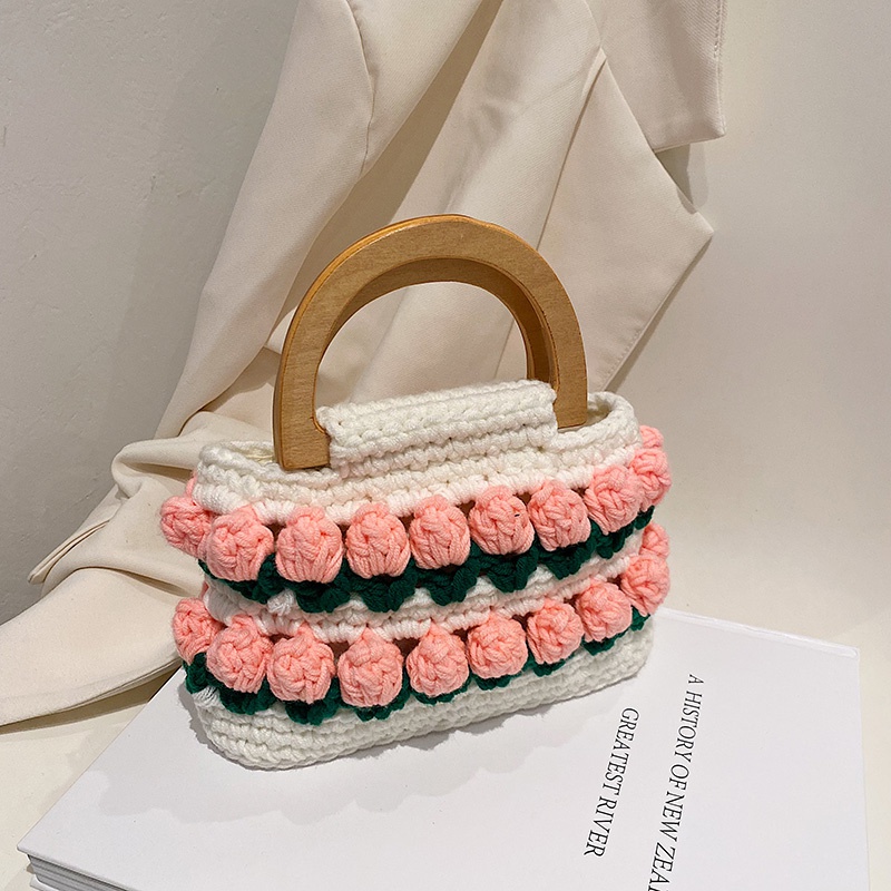 New Fashion Flower Woven Handbag Wood Portable19165cm
