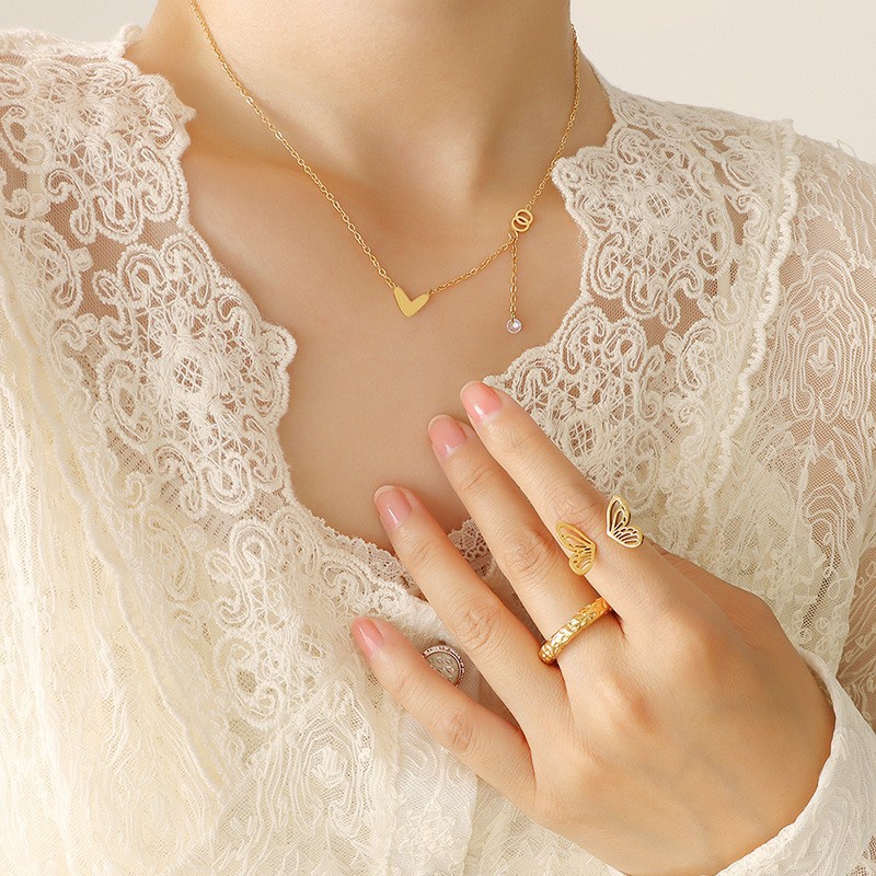 Fashion Cute Heart Double Tassel Diamond Pendant Necklace Titanium Steel