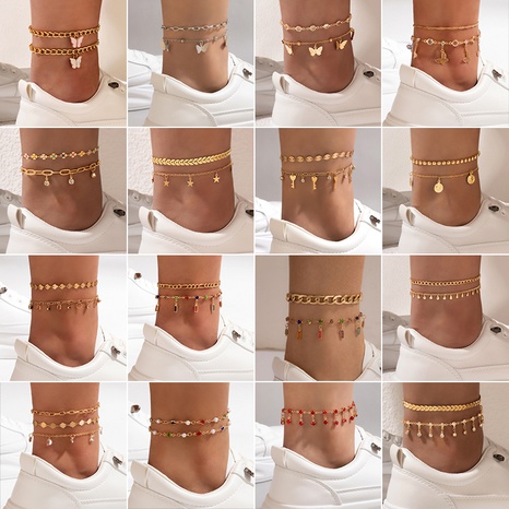 New Bohemian Alloy Double-Circle Anklet Fashion Color Diamond Tassel Multi-Layer Foot Ornaments's discount tags