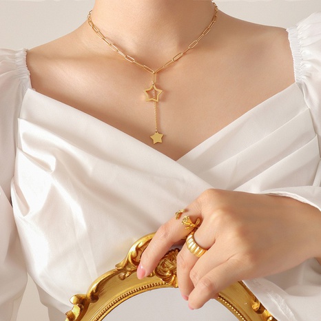 Mode Hohl Pentagramm Schlüsselbein Kette Titan Stahl Vergoldet 18K Gold Halskette's discount tags