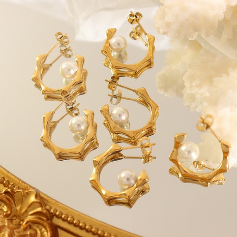 Mode Geometrische C-Förmigen Barock Künstliche Perle Ohrringe Titan Stahl's discount tags