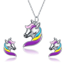 Fashion Ornament Unicorn Necklace Colorful Pony Clavicle Chain Earings Alloy Set