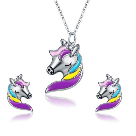 Conjunto de aleación de pendientes de cadena de clavícula de Pony colorido collar de unicornio ornamento de moda's discount tags