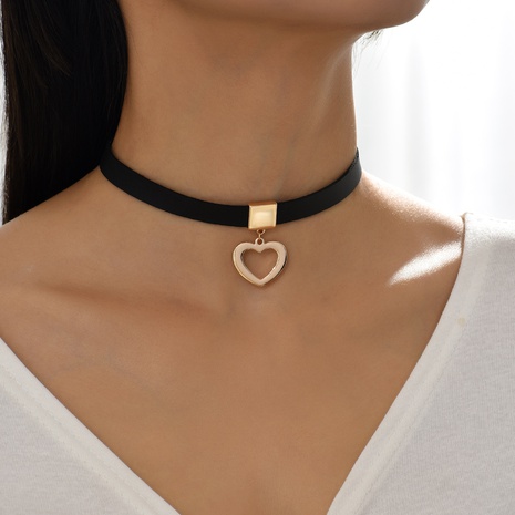 simple style hollow heart pendant black leather choker's discount tags