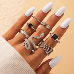 Retro Ethnic Style Snake-Shaped Black Dripping oil Twist Ring 7-Piece Set