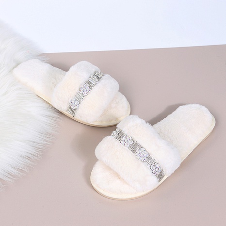 Zapatillas de algodón de piel de hogar de lana de Color caramelo para mujer de felpa de diamantes de imitación de perlas de moda's discount tags