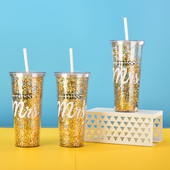 New 24Oz Double Plastic Gold Sequined Plastic Cup Water Cup