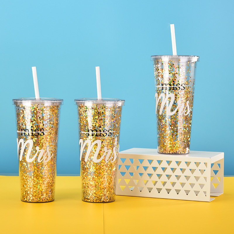 Neue 24 Unzen Doppel Kunststoff Gold Pailletten Kunststoff Tasse Wasser Tasse