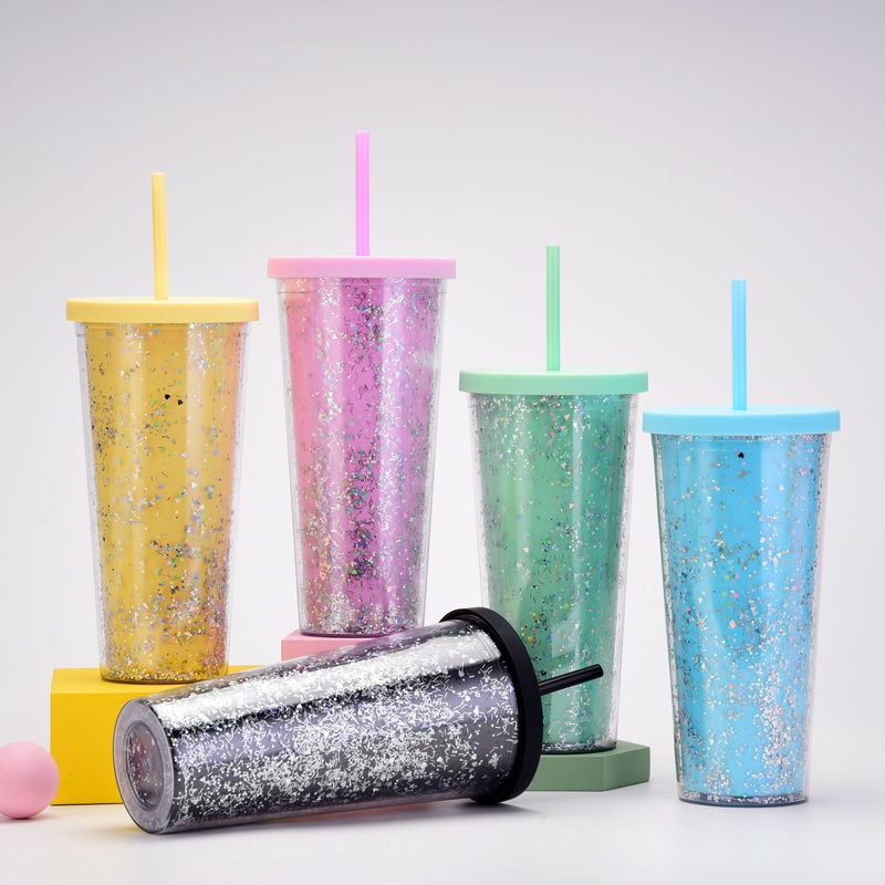 Neue 24 Unzen DoppelSchicht Kunststoff Tasse Pailletten Kreative Wasser Tasse