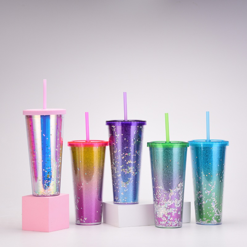New Creative Double Plastic Straw Cup Gradient Color Large Capacity Cup