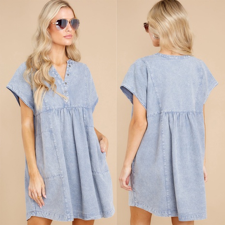 Fashion Casual Simple Loose Denim Short Sleeve Dress's discount tags