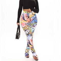 Print High Waist tight Side Slit casual Trousers