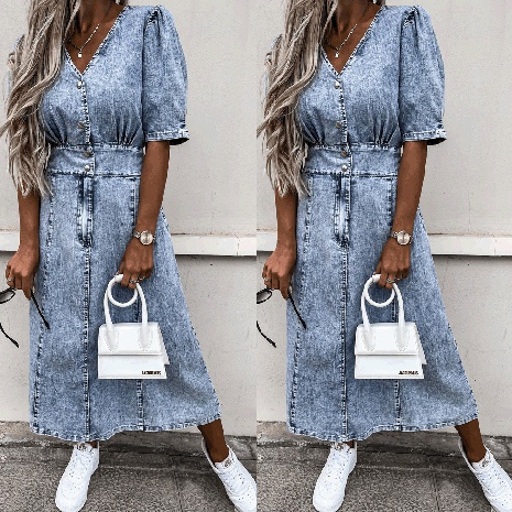 New Fashion V-neck Solid Color Washed Single-Breasted Denim Dress's discount tags