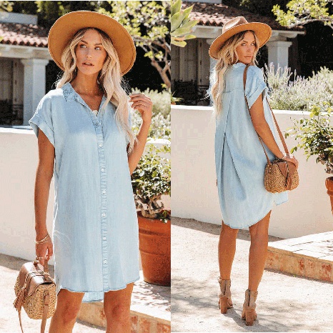 Fashion Simple Loose Jeans Cardigan Short Sleeve Dress's discount tags