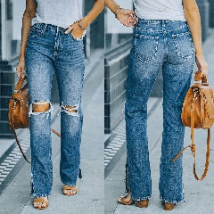 Fashion Simple Washed Blue Bootcut Trousers Mid Waist Denim Pants