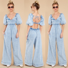 New Fashion Casual Hollow-out Slim-Fit Denim Short-Sleeved Wide-Leg Jumpsuit