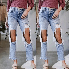Einfache Mode Gewaschen Loch Mittlere Taille Licht-Farbige Jeans