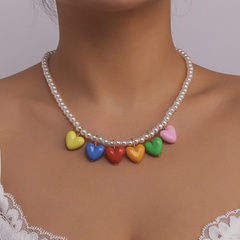 simple Rainbow Heart Pendant Pearl Necklace