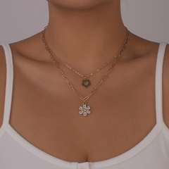 Simple Flower Full Diamond Geometric Chain Double-Layer Necklace