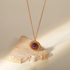 Fashion 18K Gold Plated Purple Semi-Precious Stone Pendant Stainless Steel Necklace