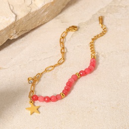 Fashion Red Stone Star Pendant Cross Chain 18K Gold Stainless Steel Bracelet Ornament Womenpicture7