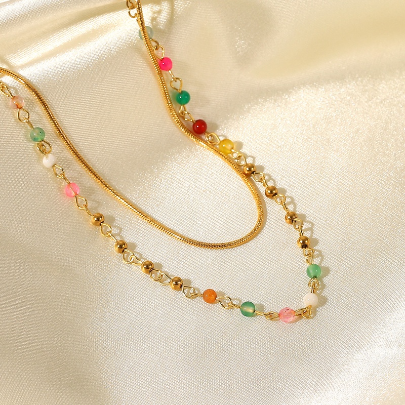 Fashion Colorful Stone Beads 18K Gold Stainless Steel Ball Bead Snake Chain Double Layer Titanium Steel Necklace