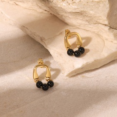Fashion 14K Gold Stainless Steel U-Shaped Black Semi-Precious Stone Eardrops Earrings