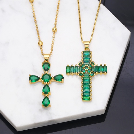 fashion Cross Green Zircon Copper 18K Gold-plated Necklace's discount tags
