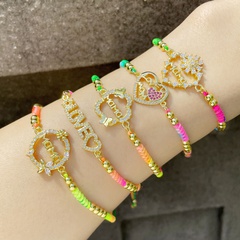Ethnic Style Hand-Woven Colorful Heart Letter Mom Copper 18K Gold-plated Zircon Bracelet