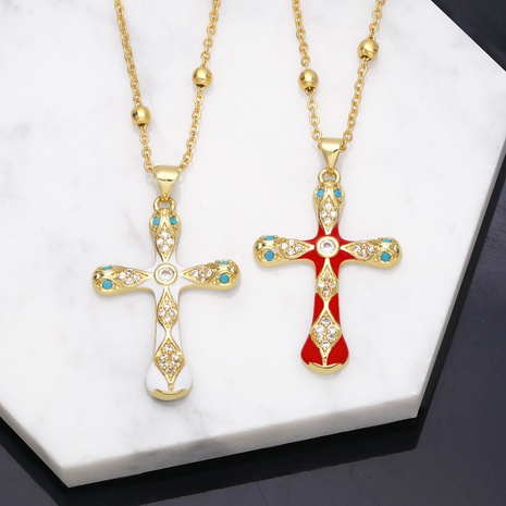 Copper 18K Gold-plated Inlaid Zircon Dripping Oil Cross Pendant Necklace's discount tags