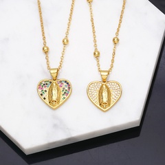 Fashion Colorful Zircon Heart-Shaped Virgin Mary Copper 18K Gold-plated Necklace