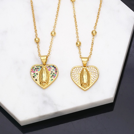 Fashion Colorful Zircon Heart-Shaped Virgin Mary Copper 18K Gold-plated Necklace's discount tags