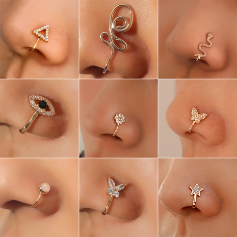 Fashion Creative Copper Perforation-Free U-Shaped Nasal Splint Piercing Butterfly Flower Snake-Shaped Fake Nose Studs's discount tags