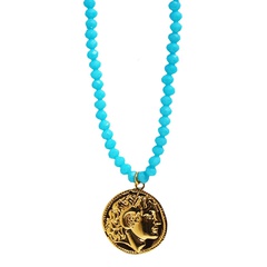 Vacuum Plating Retro Portrait Coin Pendant Freshwater Pearl Blue Beaded Necklace